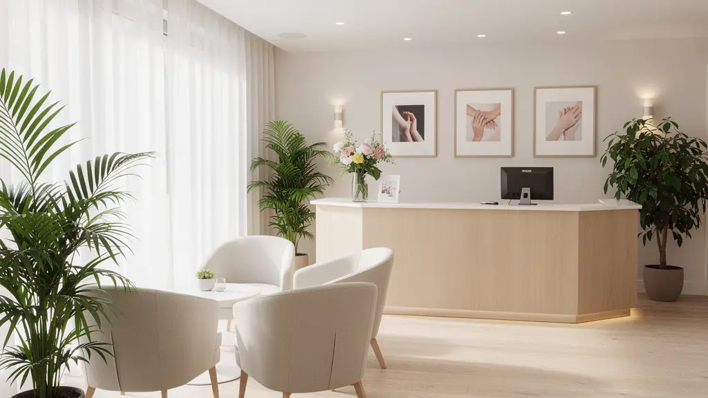 Intérieur lumineux d'un cabinet de chirurgie esthétique moderne à Paris avec espace d'accueil chaleureux