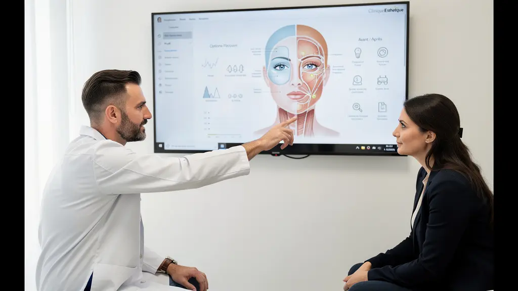 Chirurgien plasticien expliquant les options d'implants mammaires à une patiente sur écran médical