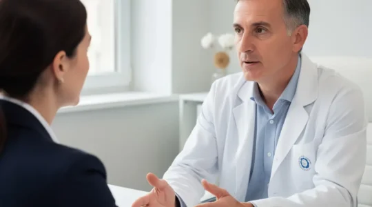 Patiente en consultation augmentation mammaire avec chirurgien plasticien dans cabinet parisien lumineux