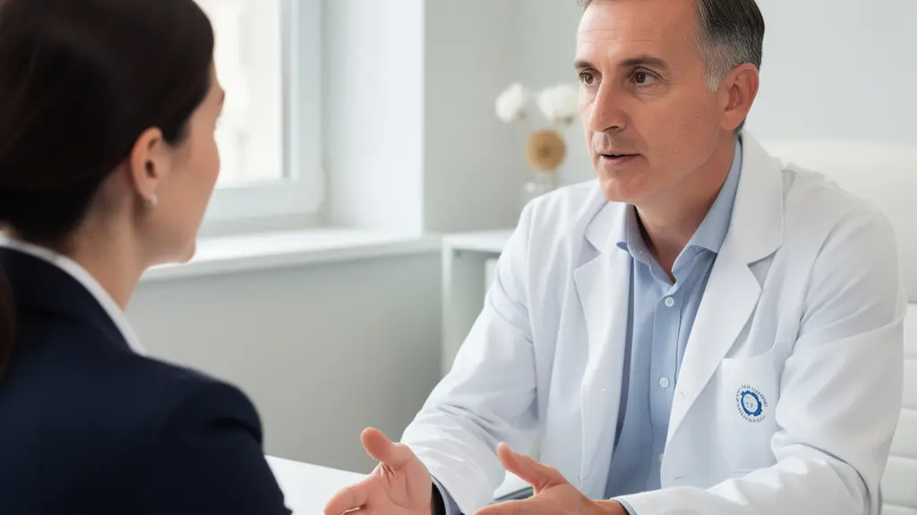 Patiente en consultation augmentation mammaire avec chirurgien plasticien dans cabinet parisien lumineux